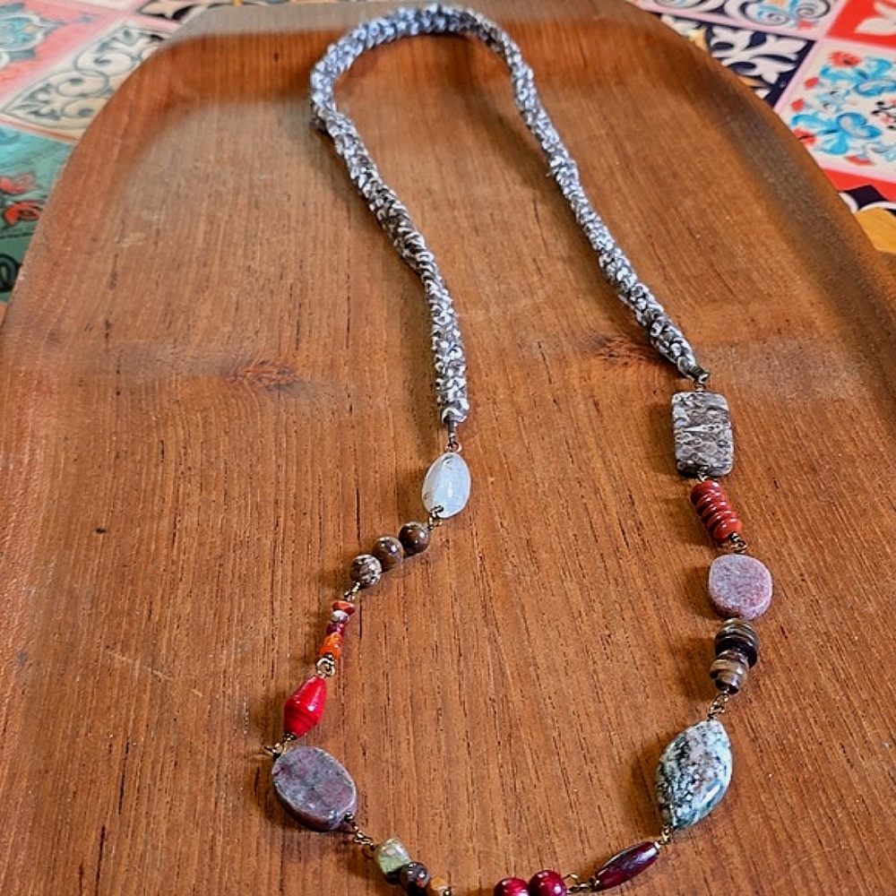 Crocheted Silk, Moonstone, Turitella Agate, Jasper, Quartz, Carnelian necklace